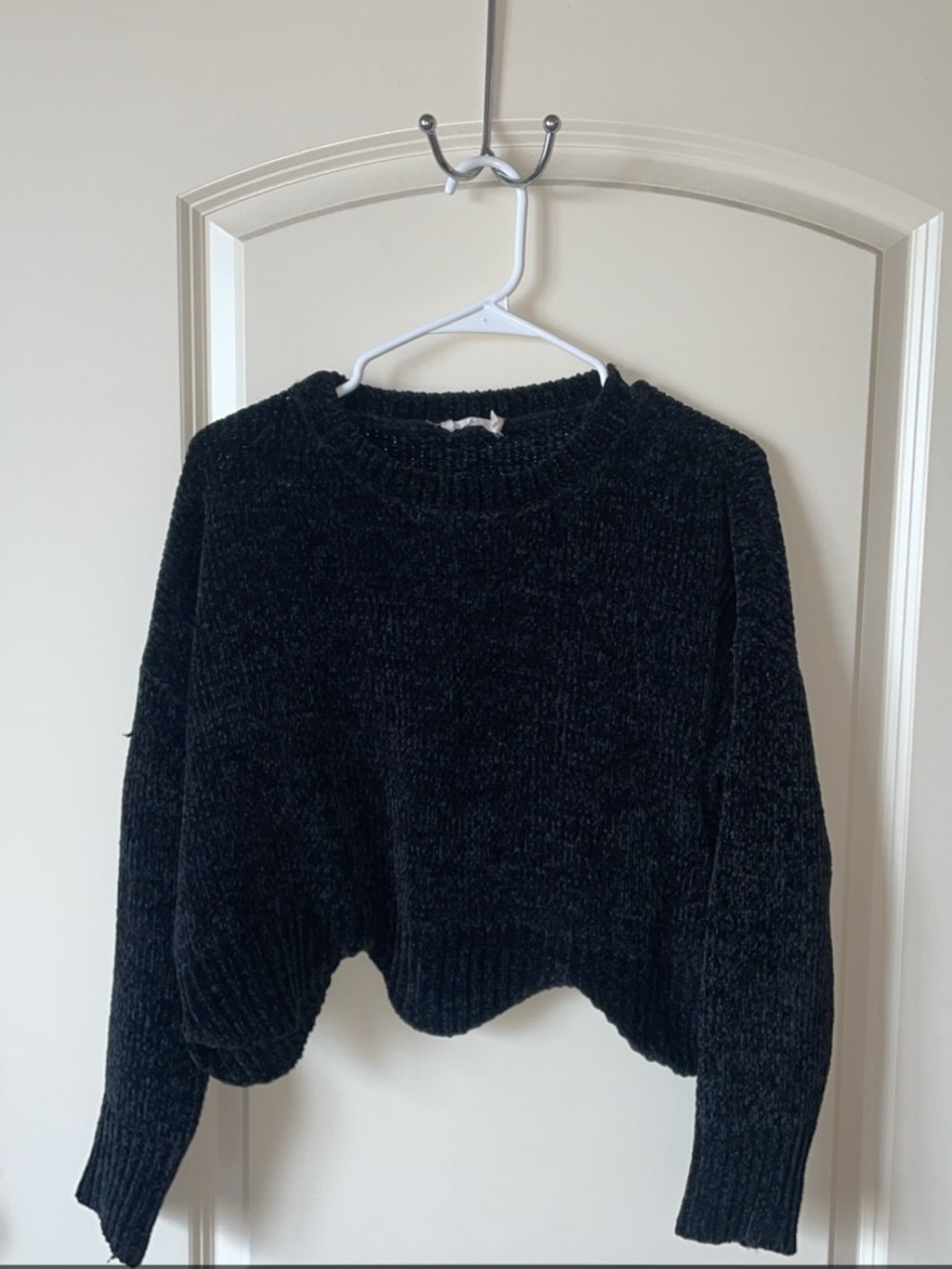 Lush Black Chenille Scalloped-Hem Crewneck Sweater